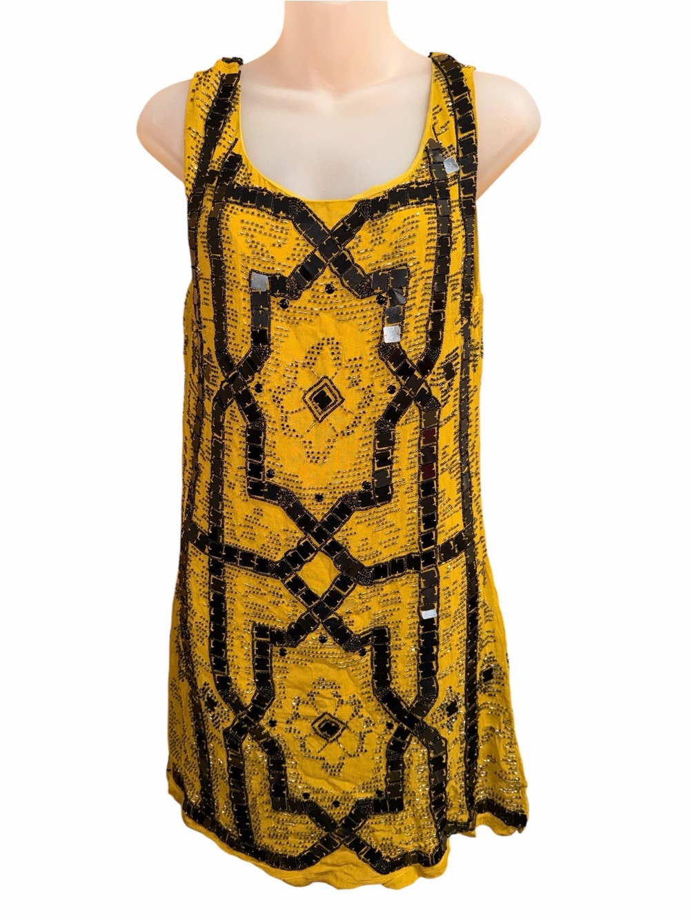 Free People Yellow & Black Beaded Shift Dress